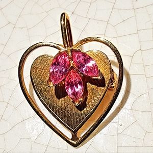 Vintage Gold Tone Marquise amethyst Rhinestones Heart Pendant Brooch